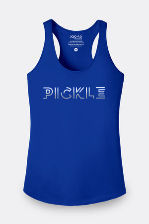 Silver Foil Pickle Pickleball Tank Top Women's Royal Blue Performance Fabric
