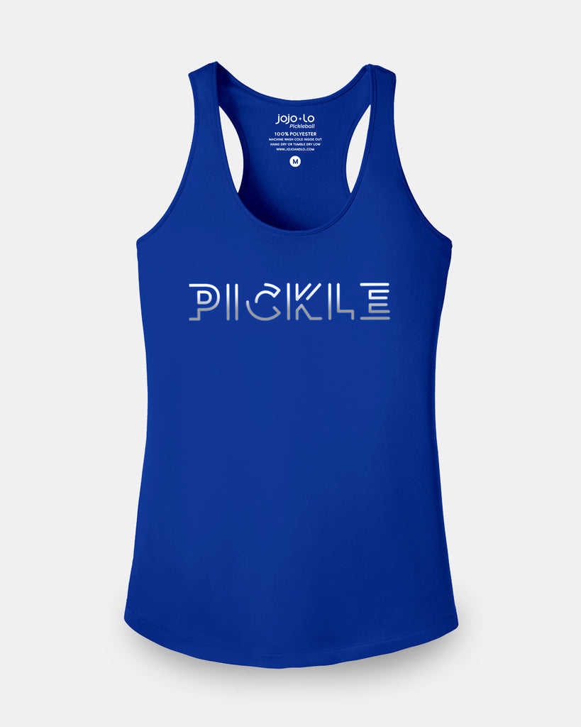 Silver Foil Pickle Pickleball Tank Top Women's Royal Blue Performance Fabric