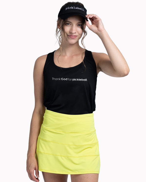 Silver Foil Thank God For Pickleball Tank Top Women's Black Performance Fabric