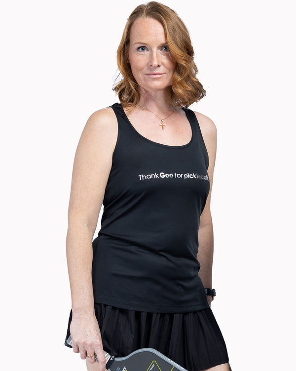 Silver Foil Thank God For Pickleball Tank Top Women's Black Performance Fabric