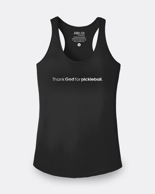 Silver Foil Thank God For Pickleball Tank Top Women's Black Performance Fabric