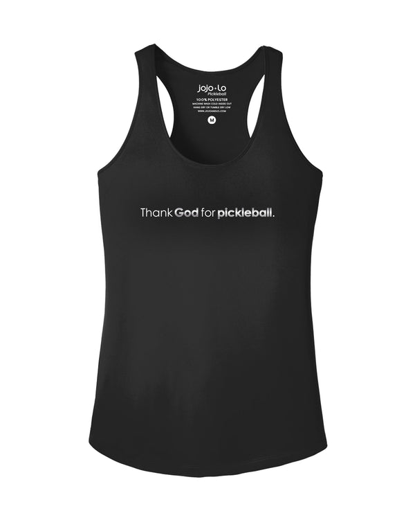 Silver Foil Thank God For Pickleball Tank Top Women's Black Performance Fabric