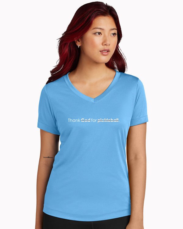Silver Foil Thank God For Pickleball V-neck T-shirt Carolina Blue