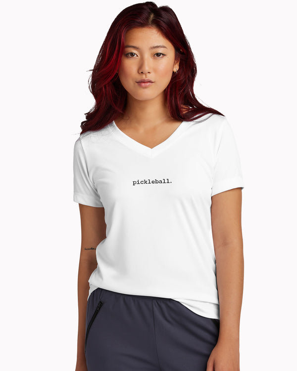 Statement Pickleball V-neck T-shirt Women’s White Performance Fabric