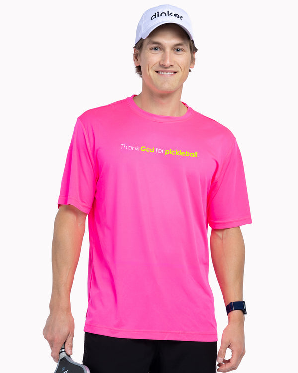 Thank God For Pickleball T-Shirt Men's Pink Performance Fabric
