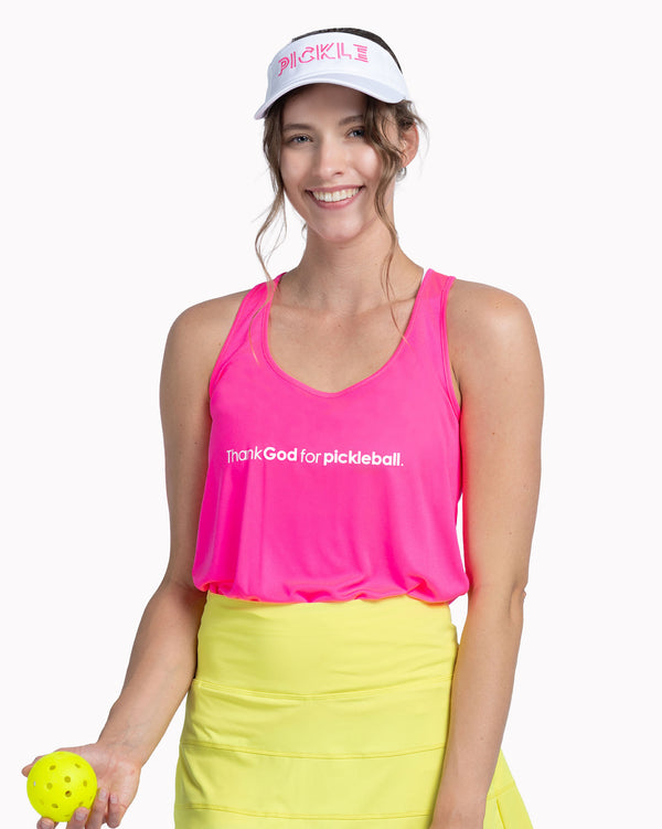 Thank God For Pickleball Tank Top Women's Pink Performance Fabric