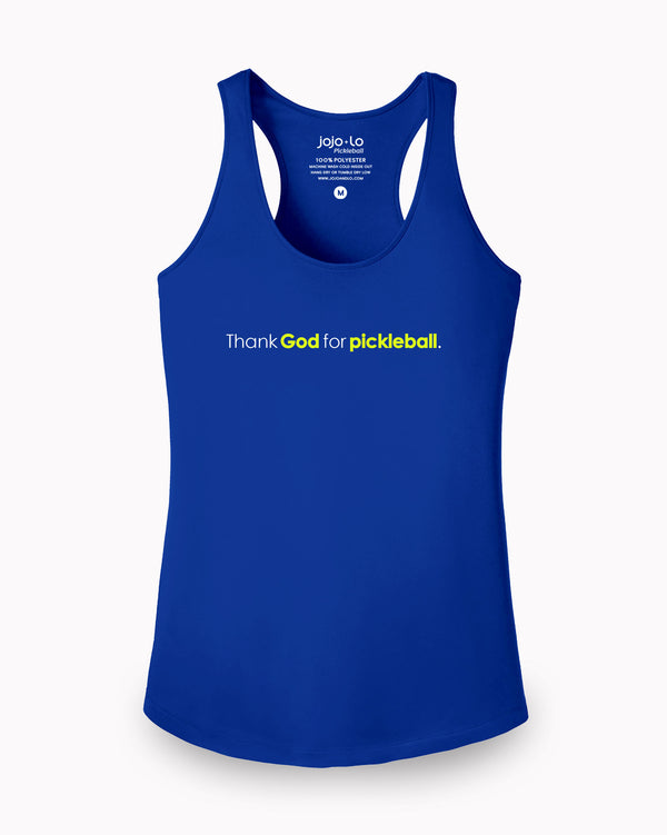 Thank God For Pickleball Tank Top Women's Royal Blue Performance Fabric