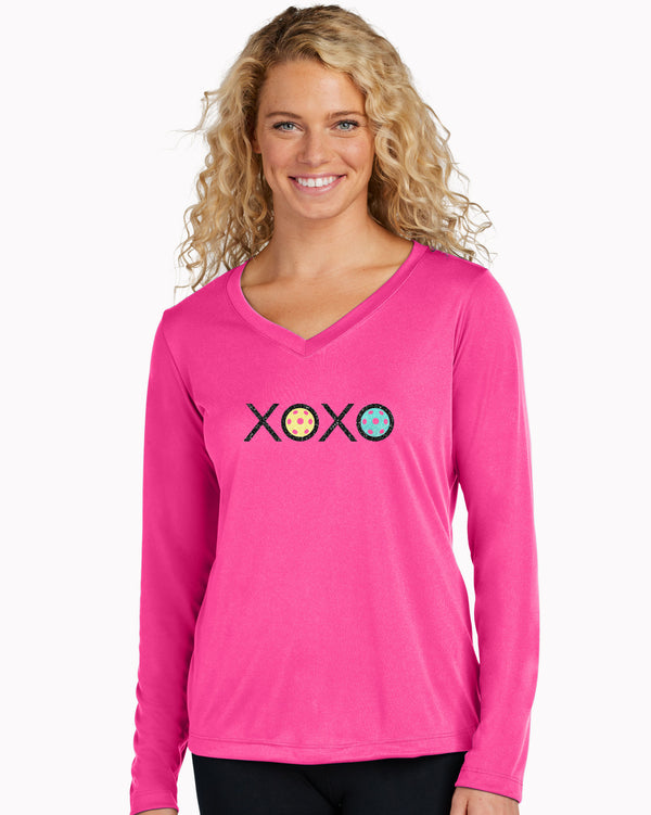 Glitter Flake XOXO Pickleball Long Sleeve V-neck Tee Pink Performance Fabric