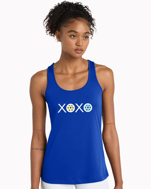 Glitter Flake XOXO Pickleball Tank Top Women's Blue Performance Fabric