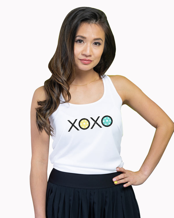 Glitter Flake XOXO Pickleball Tank Top Women's White Performance Fabric