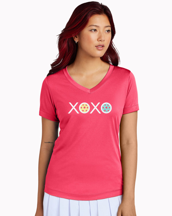 Glitter Flake XOXO Pickleball V-Neck T-Shirt Women’s Coral Performance Fabric