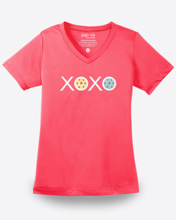 Glitter Flake XOXO Pickleball V-Neck T-Shirt Women’s Coral Performance Fabric