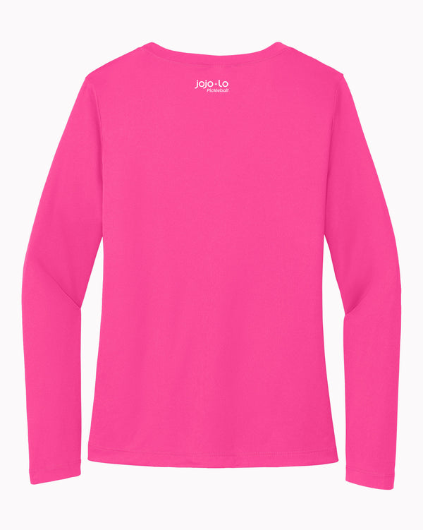 Glitter Flake XOXO Pickleball Long Sleeve V-neck Tee Pink Performance Fabric