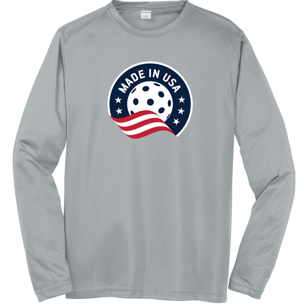 Made In USA Pickleball Long Sleeve T-Shirt Men’s Grey Performance Fabric