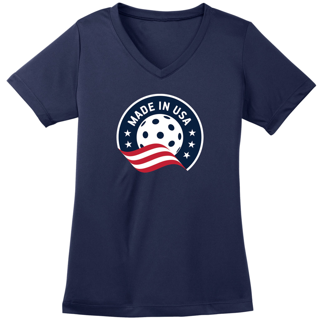 Made In USA Pickleball V-Neck T-Shirt Women’s Navy Blue Performance Fabric
