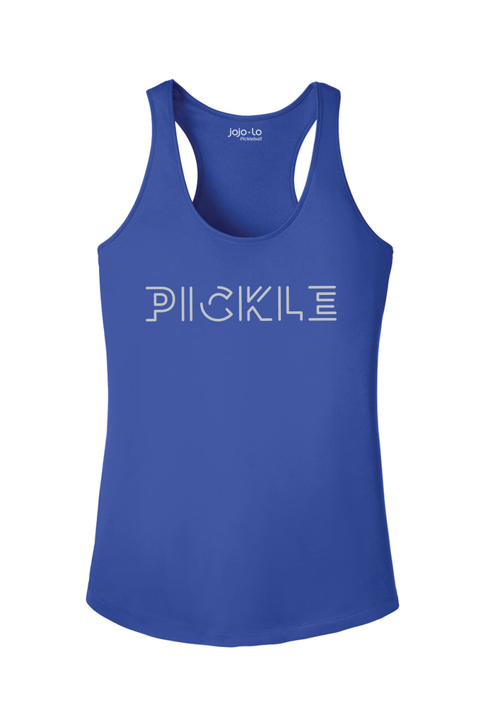 Silver Foil Pickle Pickleball Tank Top Women's Blue Performance Fabric